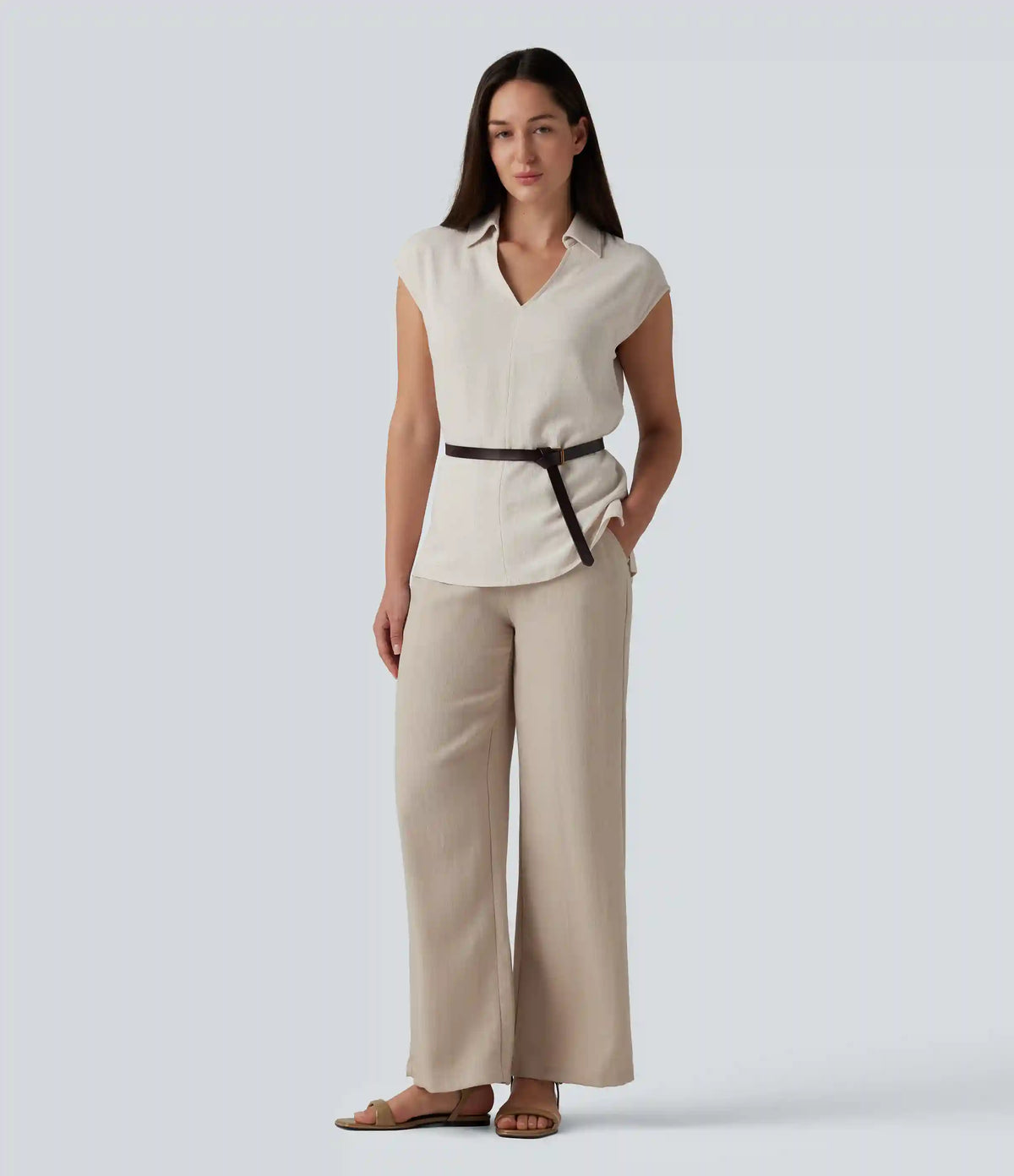 V-neck Sleeveless Split Hem Work Linen-Blend Blouse