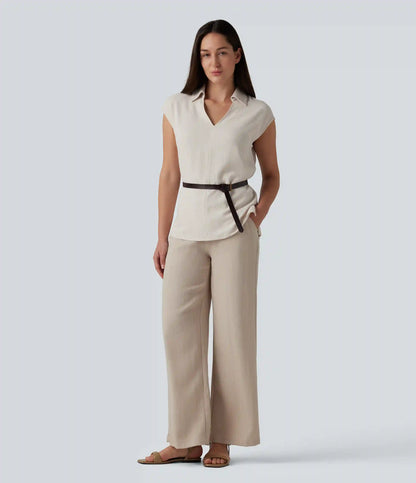 V-neck Sleeveless Split Hem Work Linen-Blend Blouse