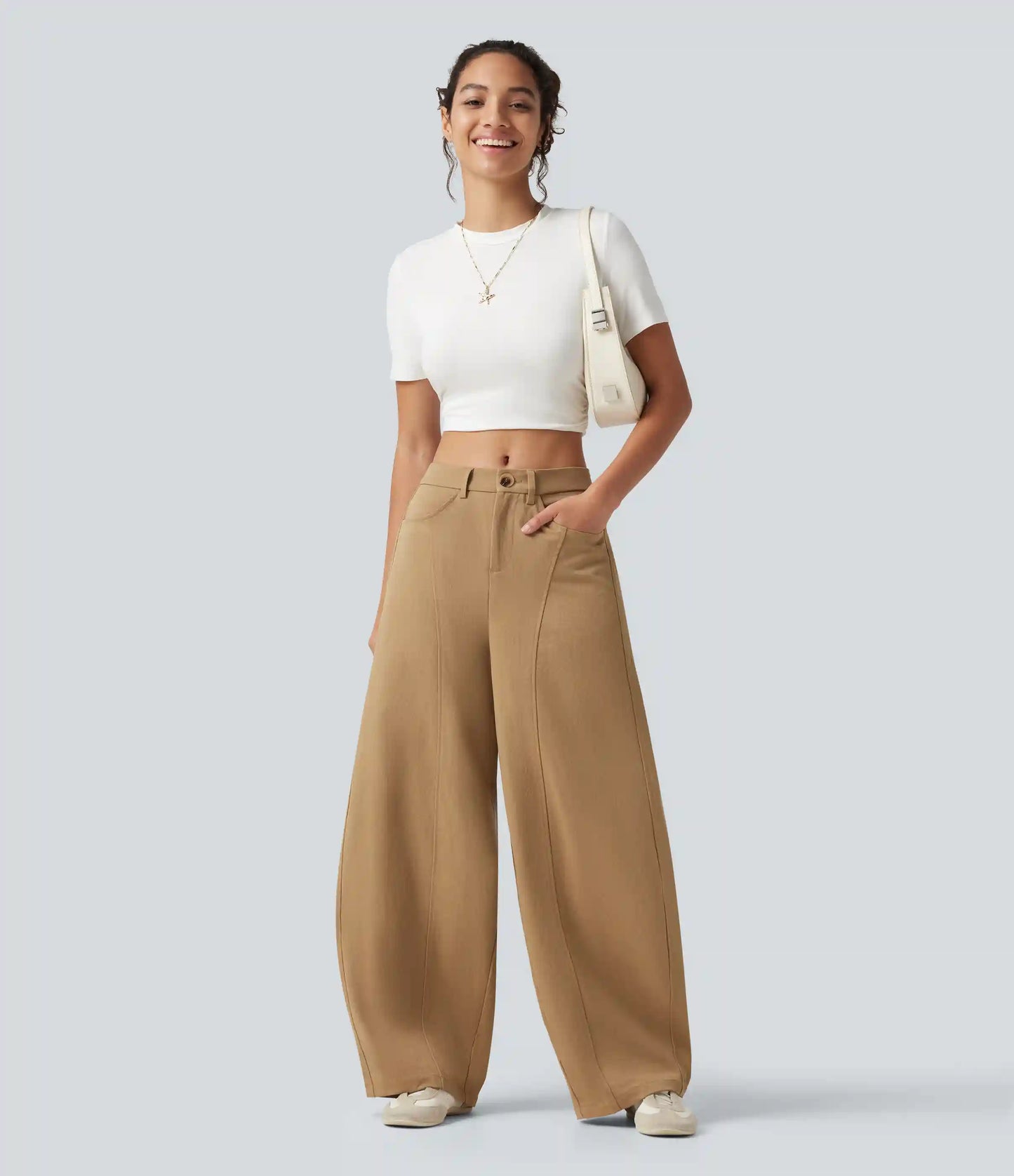 Mid Rise Casual Barrel Leg Pants with Pockets