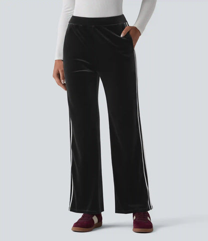 Low Rise Color Block Stripes Velvet Casual Flare Pants with Pockets