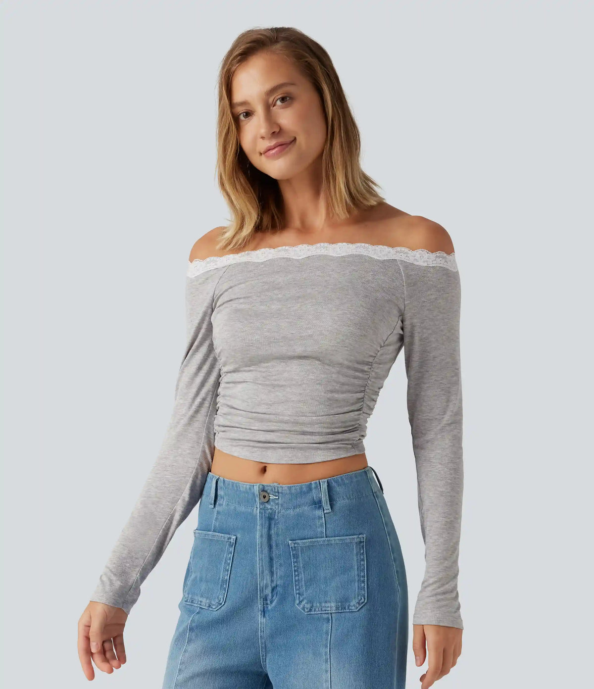 Ribbed Off Shoulder Long Sleeve Ruched Contrast Lace Casual Top