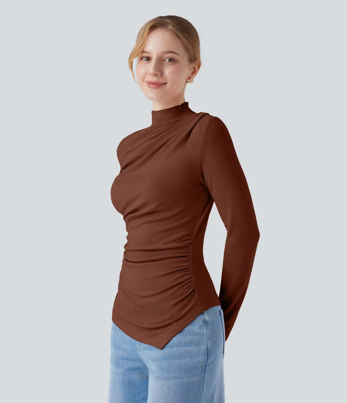 Mock-neck Long Sleeve Ruched Asymmetric Hem Thermal Casual Top