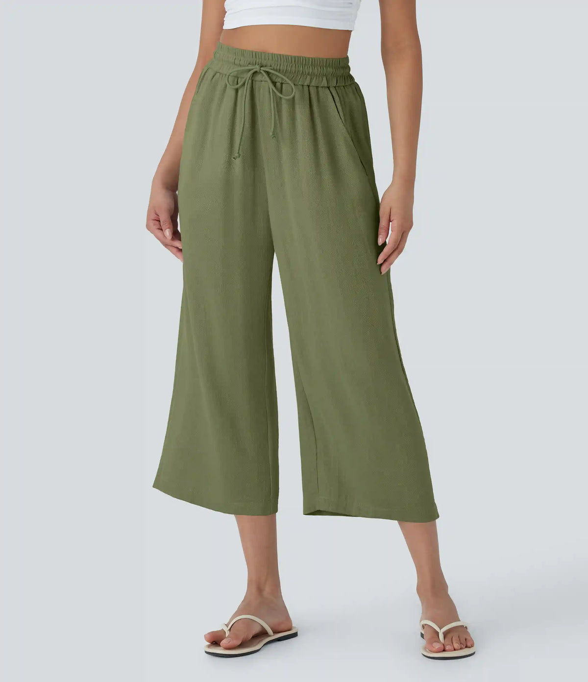 High Waisted Drawstring Wide Leg Cropped Casual Linen-Feel Pants with Pockets