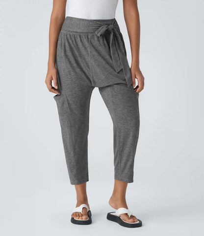 Mid Rise Tie Pockets Casual Harem Pants