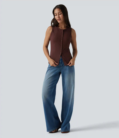 Ribbed Knit Round Neck Casual Tank Top-UPF40+