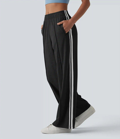 Mid Rise Color Block Stripes Quick Dry Casual Straight Leg Pants with Pockets-UPF40+