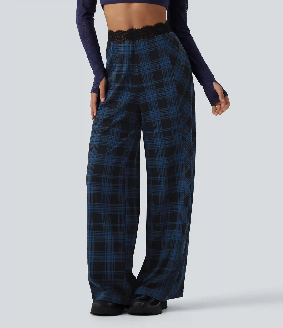 Halara UltraSculpt™ High Waisted Plaid Contrast Lace Baggy Casual Pants with Pockets