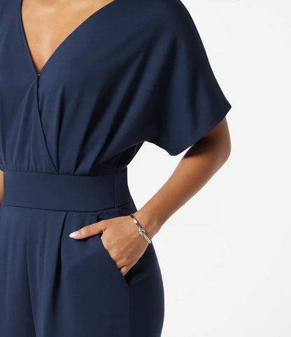 V Neck Short Sleeve Ruched Wide Leg Casual Jumpsuit with Pockets -Easy Peezy Edition