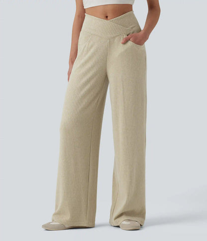 Ribbed Knit High Waisted Crossover Tummy Control Straight Leg Casual Pants with Pockets