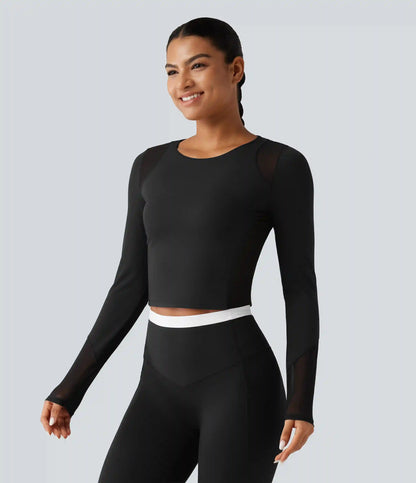 Round Neck Long Sleeve Contrast Mesh InstantCool Quick Dry Yoga Sports Top