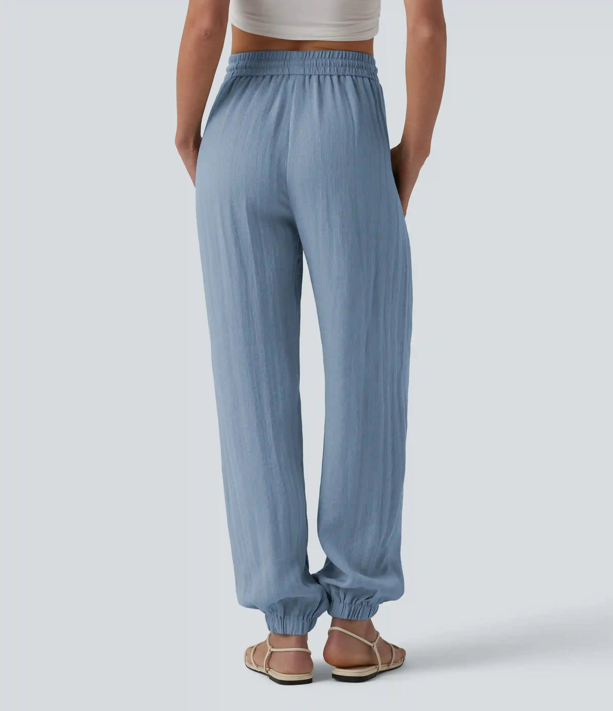 High Waisted Drawstring Wide Leg Casual Linen-Feel Joggers with Pockets