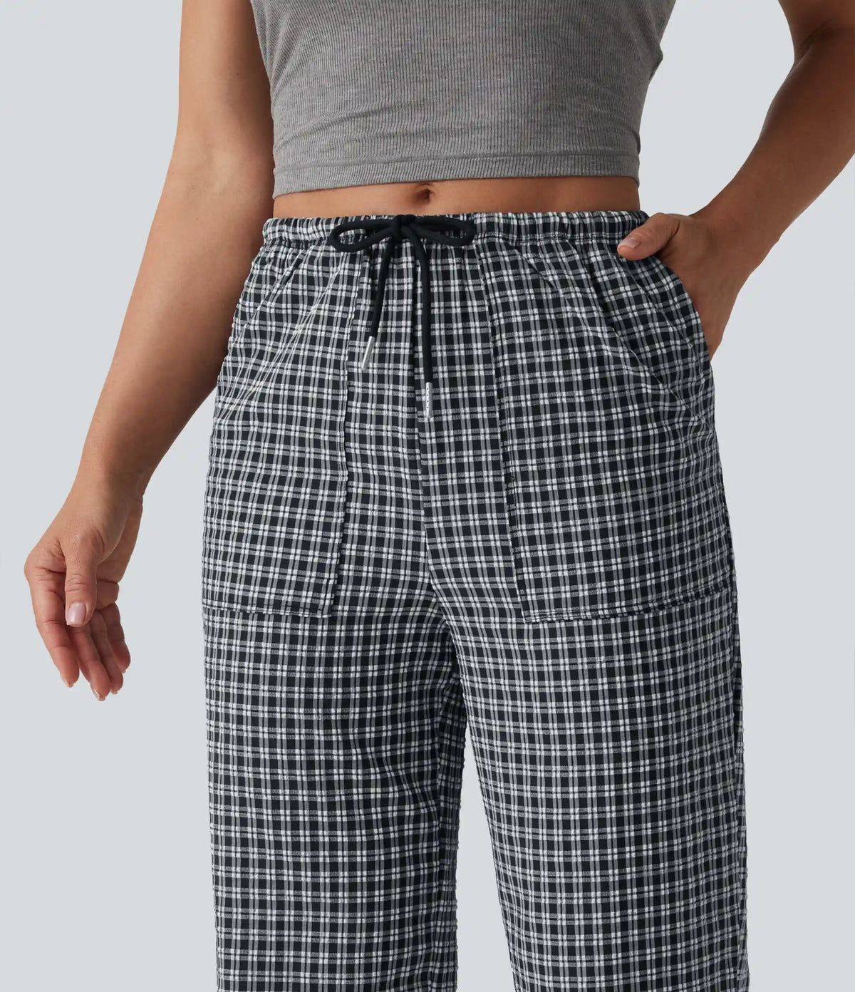 Mid Rise Drawstring Straight Leg Gingham Casual Pants with Pockets