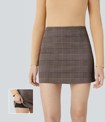High Waisted 2-in-1 Houndstooth Plaid Mini Work Skirt