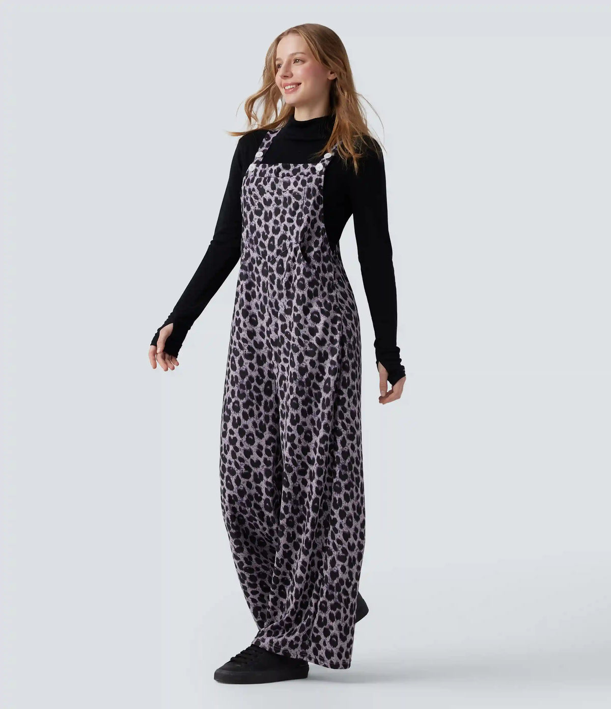 Leopard Print Waffle Casual Overalls with Pockets