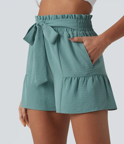 Paperbag High Waisted Tie-front Ruffle Hem Linen-Feel Resort Baggy Shorts with Pockets
