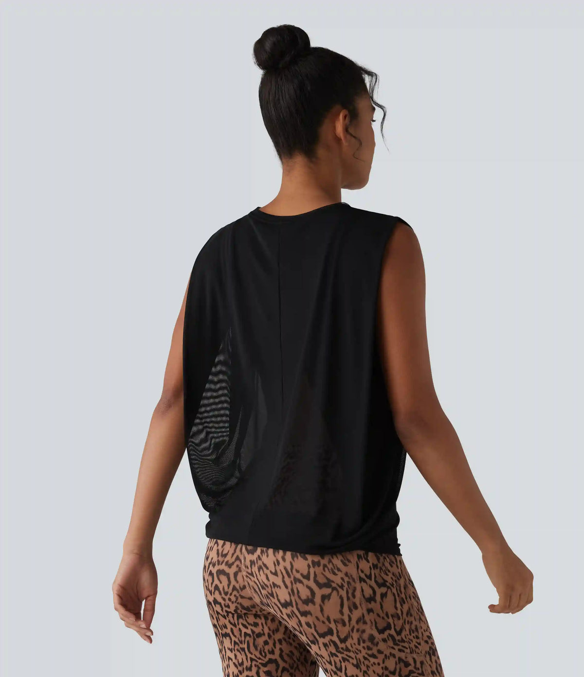 Sheer Mesh Round Neck Ruched Running Tank Top