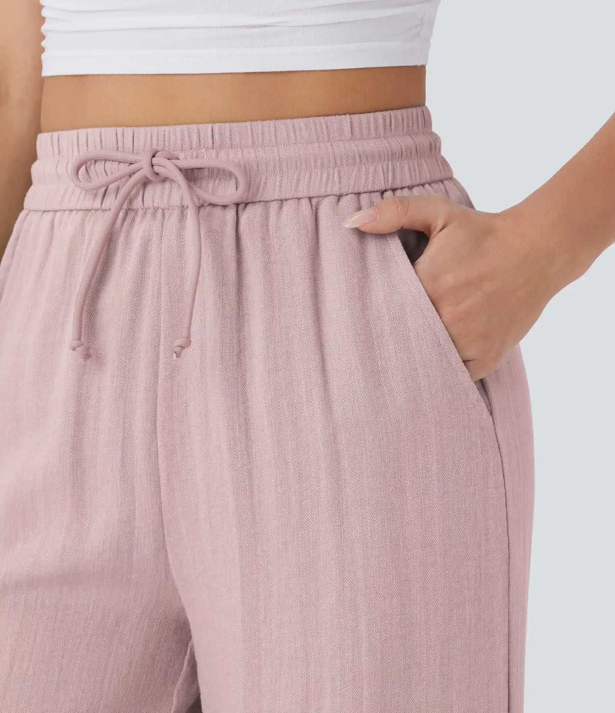 High Waisted Drawstring Pocket Wide Leg Baggy Casual Linen-Feel Pants