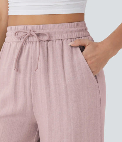 High Waisted Drawstring Pocket Wide Leg Baggy Casual Linen-Feel Pants