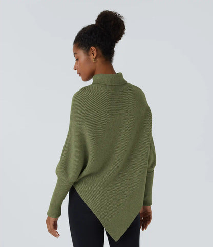 High Neck Long Sleeve Asymmetric Hem Work Sweater