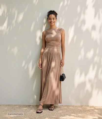 Ribbed Boat Neck Asymmetric Strap Ruched Pocket Flowy Maxi Casual Dress