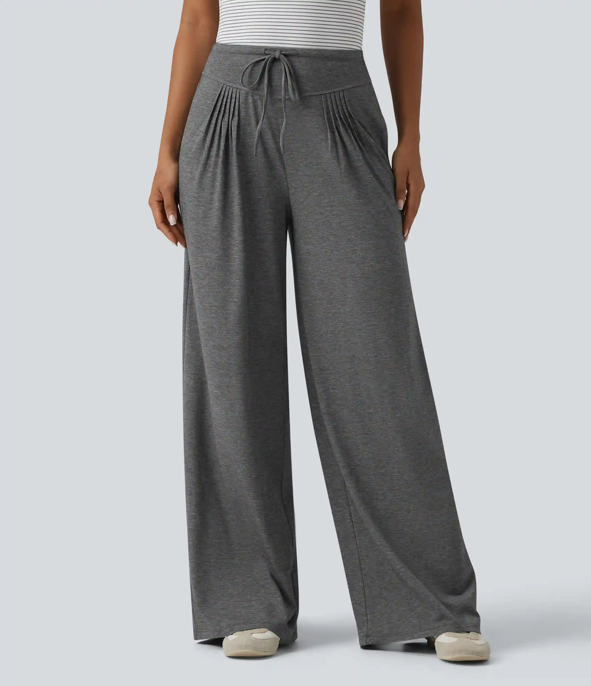 High Waisted Drawstring Pleated Heathered Casual Baggy Pants with Pockets