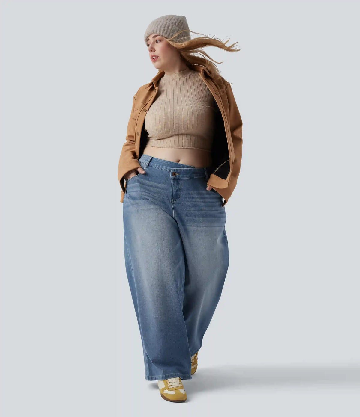 Plus Size Halara Flex™ Asymmetric Low Rise Wide Leg Washed Casual Jeans with Pockets