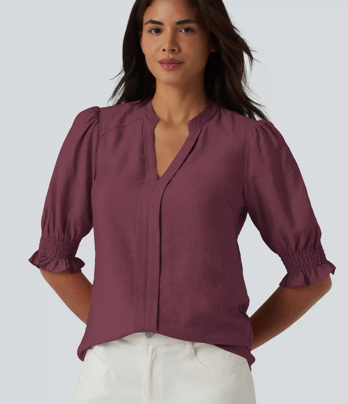 V Neck Puff Short Sleeve Casual Blouse