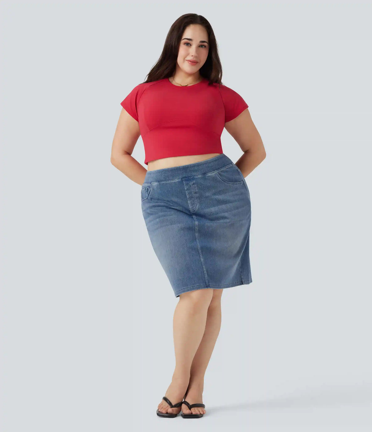 Plus Size Halara Flex™ High Waisted Washed Denim Casual Skirt with Pockets