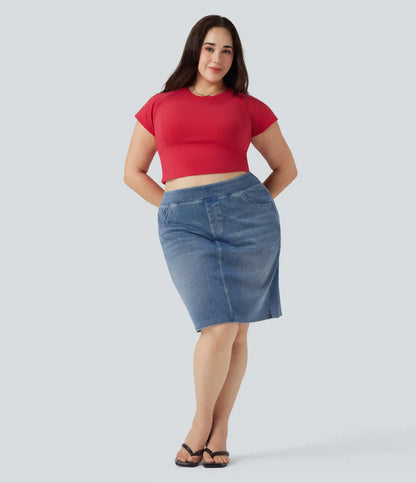 Plus Size Halara Flex™ High Waisted Washed Denim Casual Skirt with Pockets