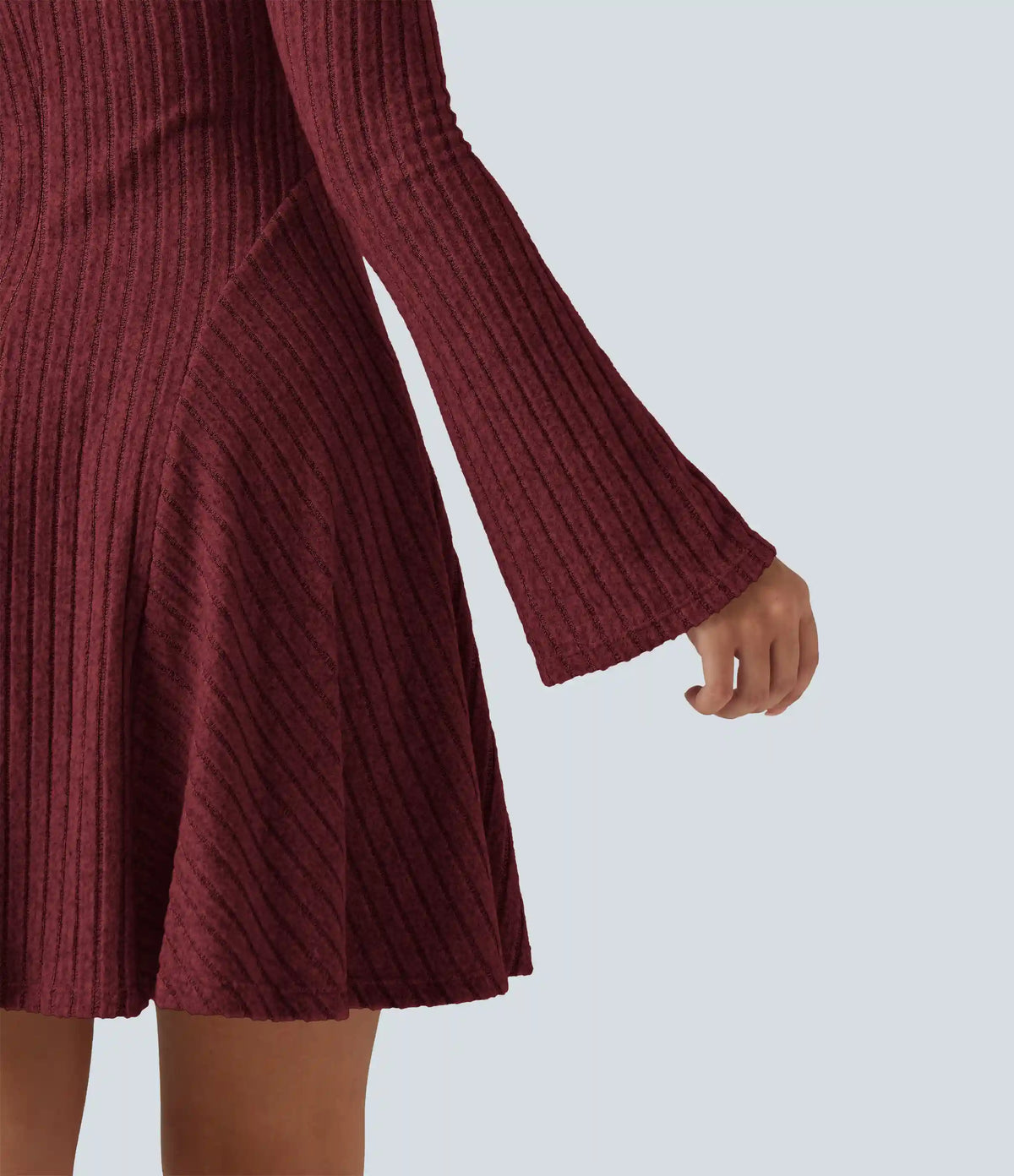 Ribbed Knit Square Neck Flounce Long Sleeve Decorative Knot Casual Flare Mini Dress