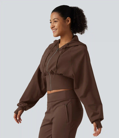 Hooded Raglan Sleeve Cropped Yoga Jacket with Hidden Pocket and Thumb Holes