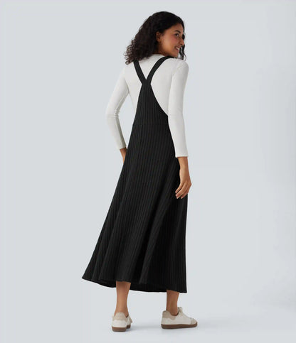 Ribbed Knit Casual Pinafore Dress with Pockets
