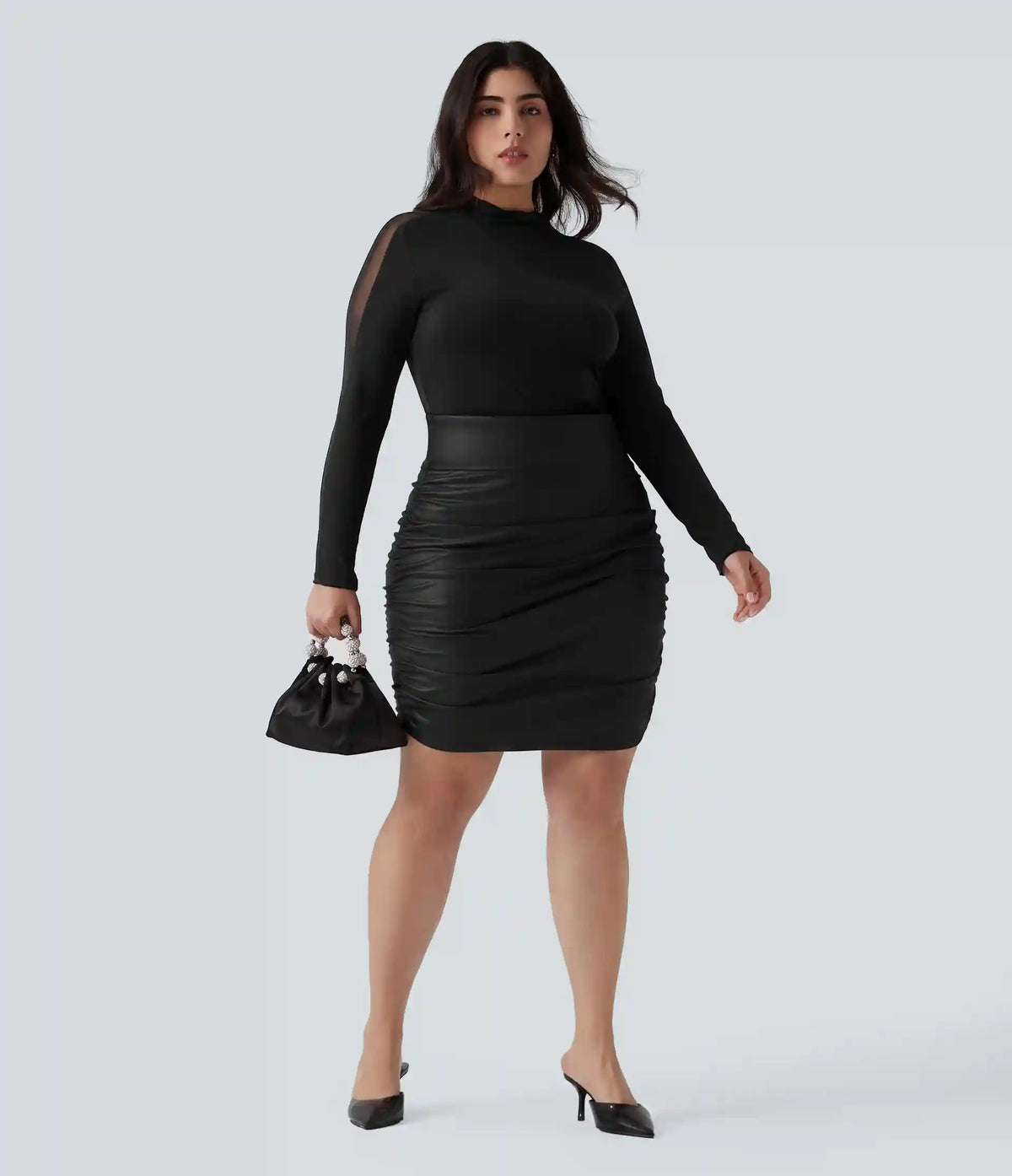 Plus Size High Waisted Tummy Control Ruched Curved Hem 2-in-1 Bodycon Fleece PU Leather Mini Skirt-Longer Length