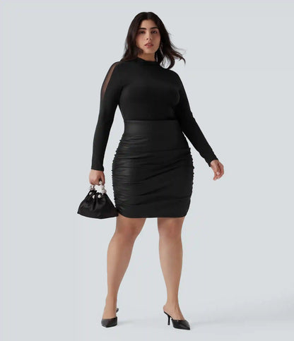 Plus Size High Waisted Tummy Control Ruched Curved Hem 2-in-1 Bodycon Fleece PU Leather Mini Skirt-Longer Length