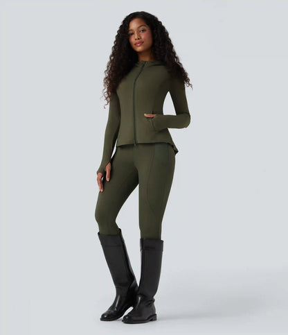 SoftlyZero™ Hooded Long Sleeve Thumb Hole Pleated Jacket with Pockets