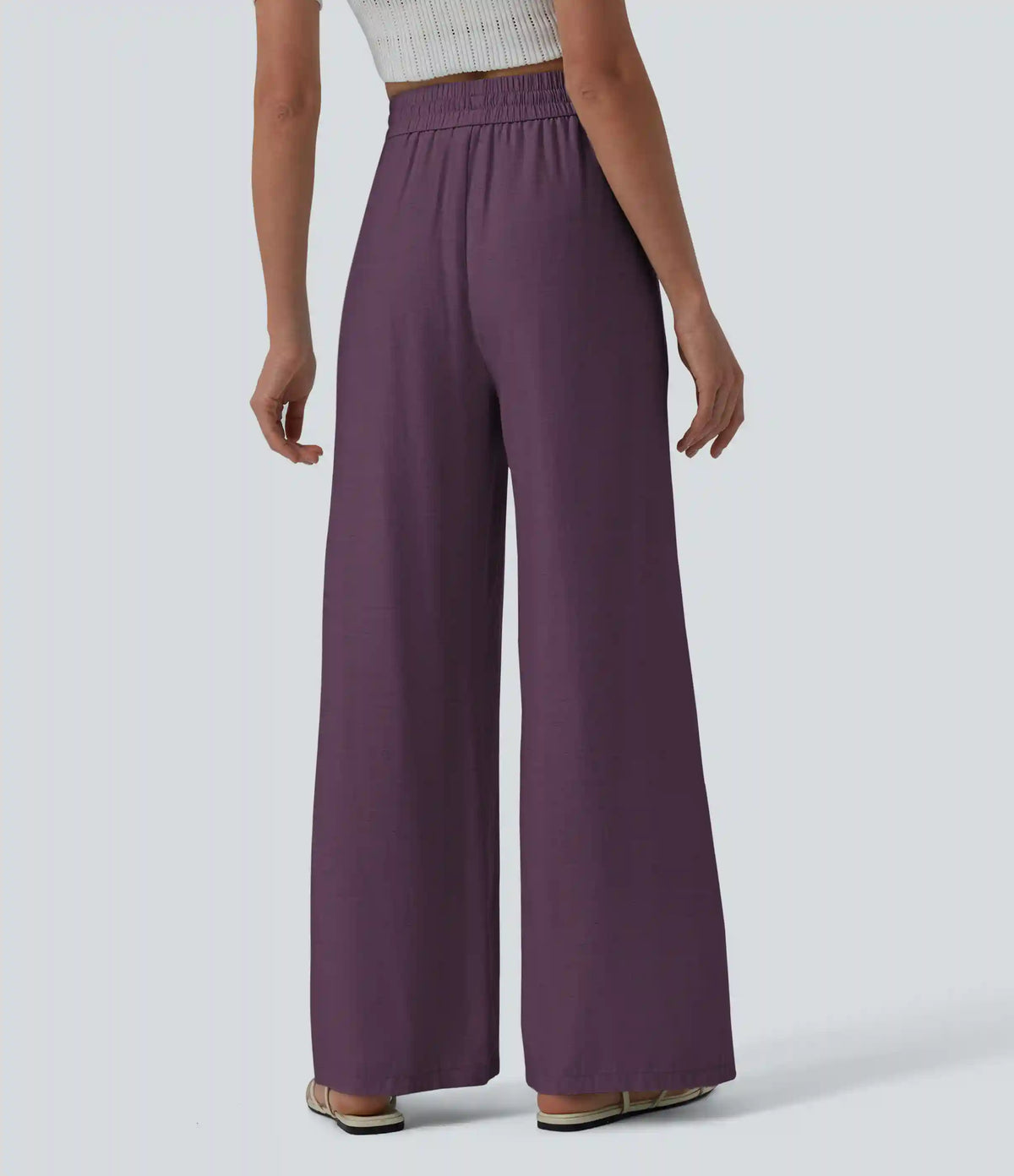 High Waisted Drawstring Wide Leg Casual Linen-Blend Pants with Pockets