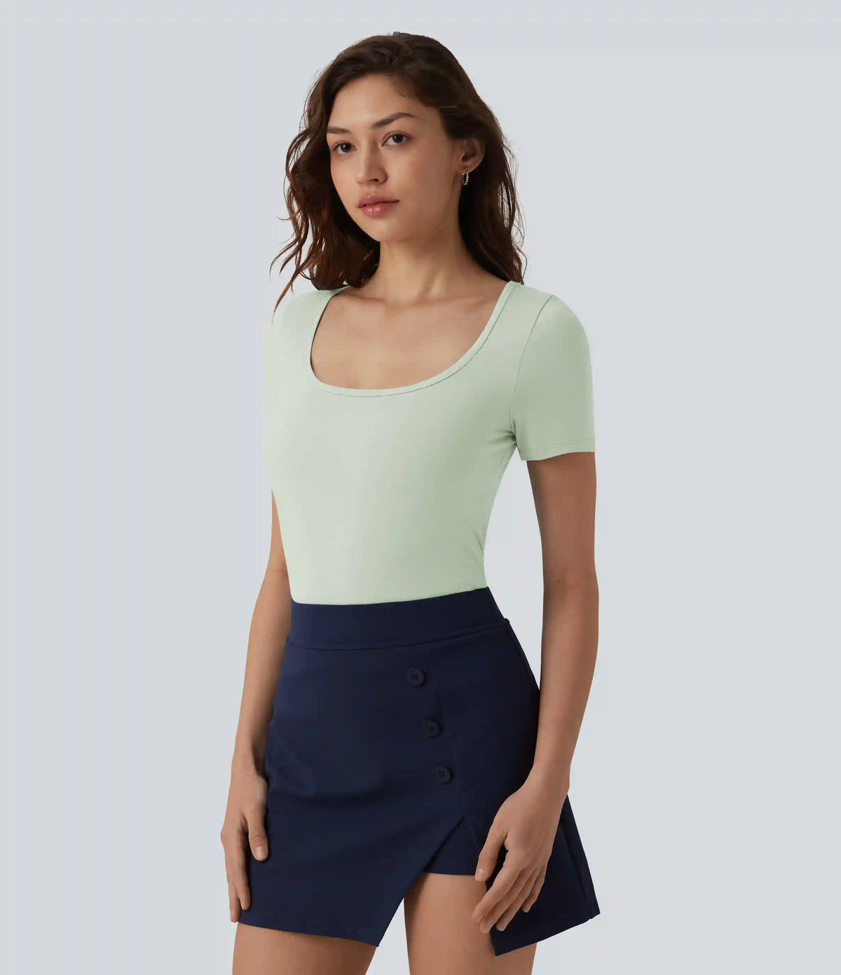 U Neck Short Sleeve Snap Skinny Work Bodysuit