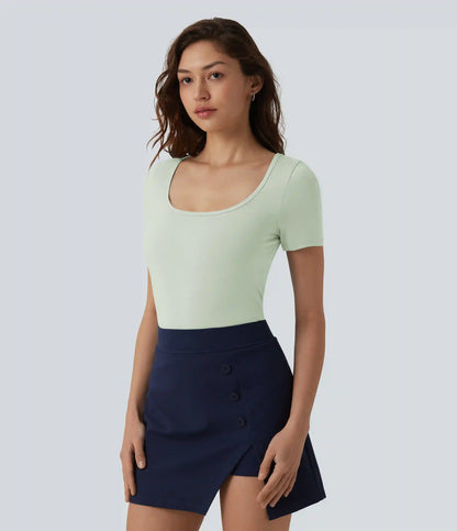 U Neck Short Sleeve Snap Skinny Work Bodysuit
