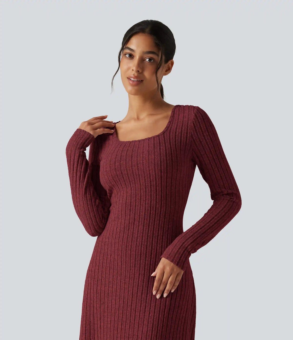 Ribbed Knit U Neck Long Sleeve Midi Casual Dress