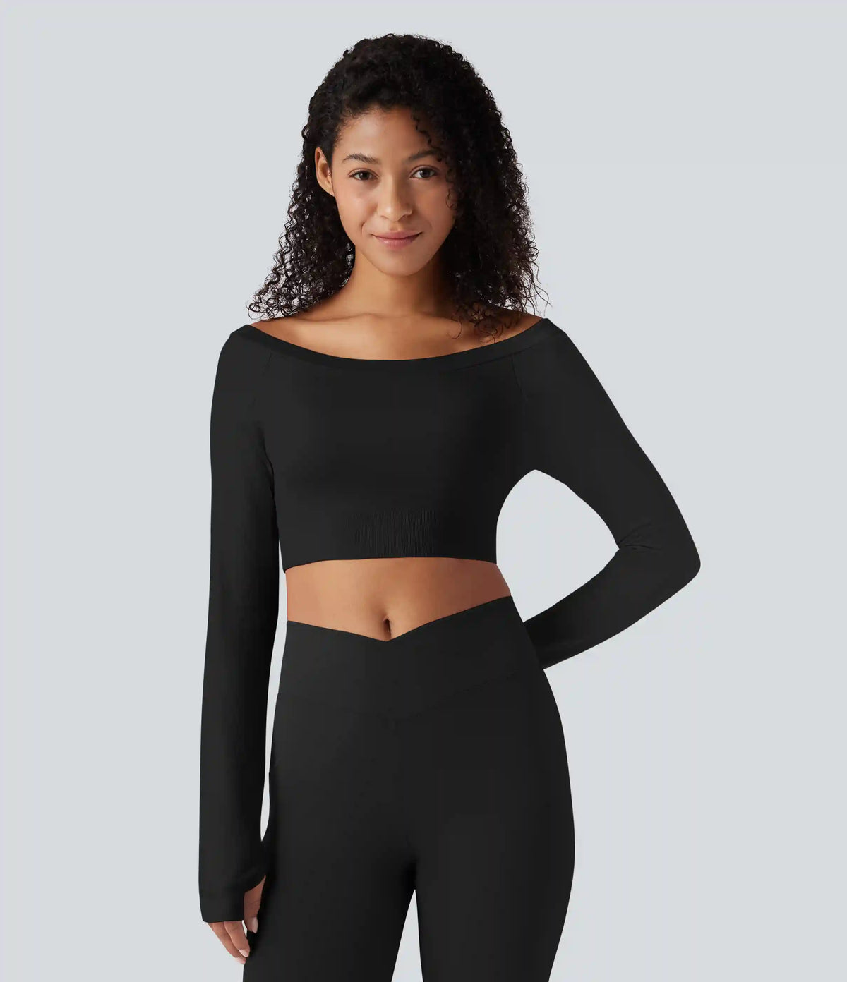 Seamless Flow Off-shoulder Long Sleeve Thumb Holes Cropped Yoga Sports Top