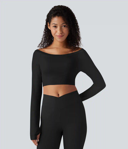 Seamless Flow Off-shoulder Long Sleeve Thumb Holes Cropped Yoga Sports Top