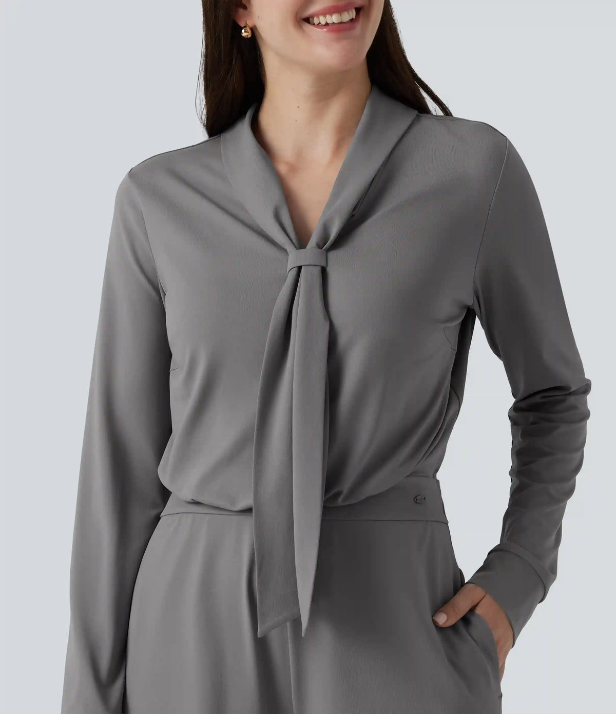 V Neck Long Sleeve Wide Leg Work Jumpsuit with Pockets-Easy Peezy Edition
