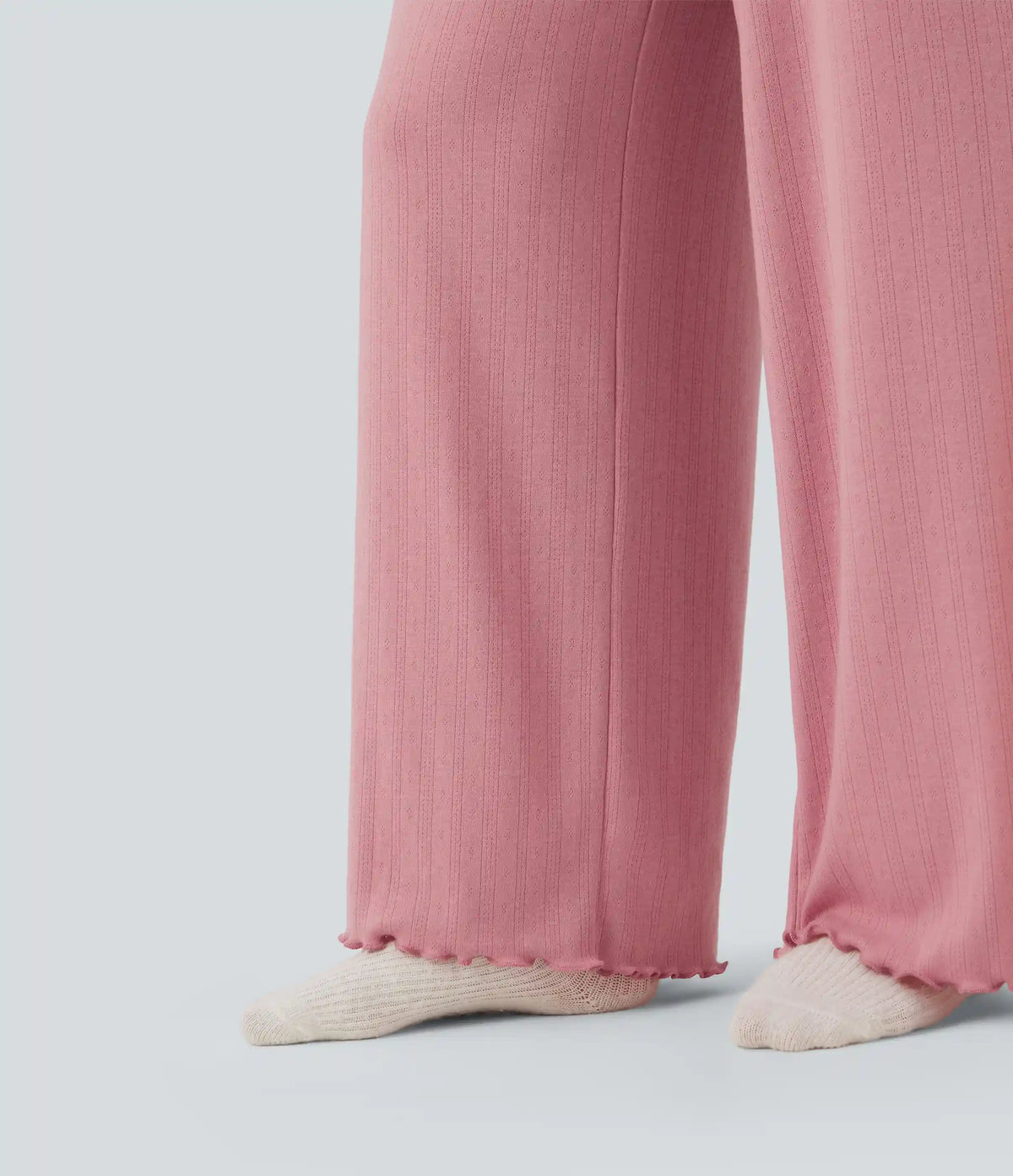 Ribbed Knit Pointelle High Waisted Drawstring Lettuce Trim Straight Leg Lounge Pants