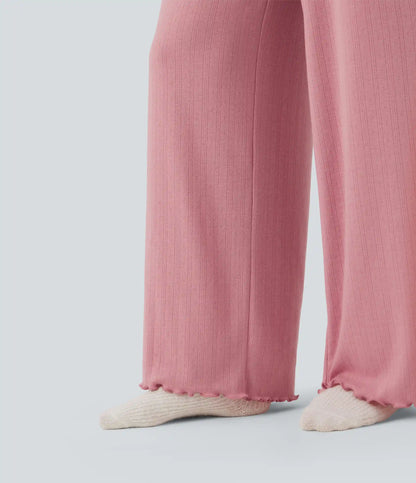 Ribbed Knit Pointelle High Waisted Drawstring Lettuce Trim Straight Leg Lounge Pants