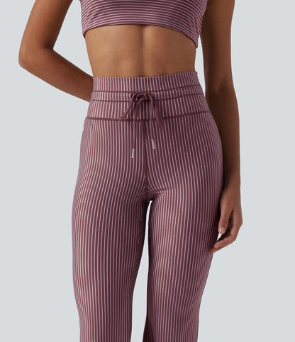 High Waisted Drawstring Stripe Flare Yoga Pants with Pockets