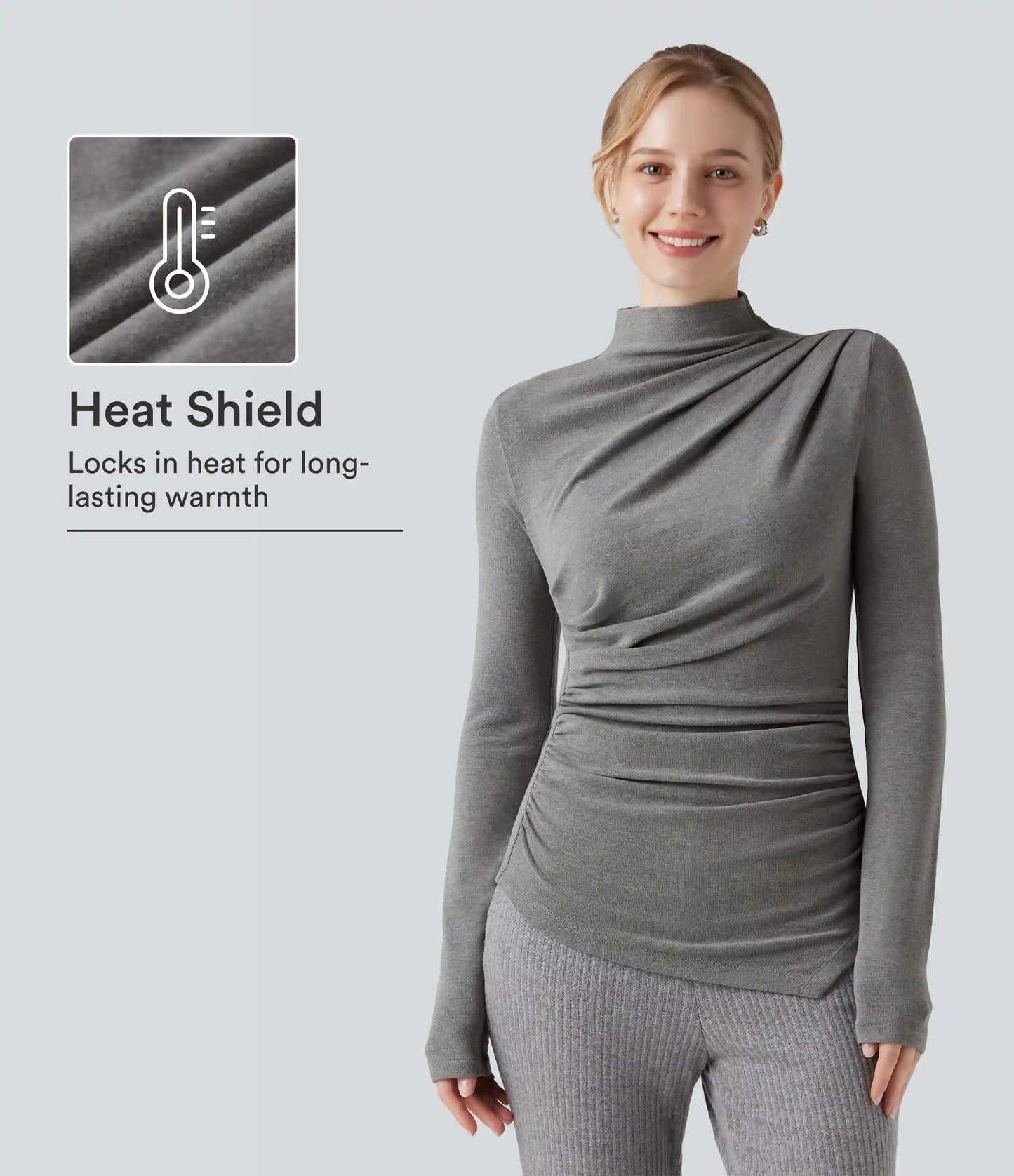 Mock-neck Long Sleeve Ruched Asymmetric Hem Thermal Casual Top