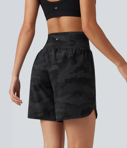 Halara UltraSculpt™ Camo Print High Waisted Tummy Control Curved Hem Running Shorts 7" with Pocket