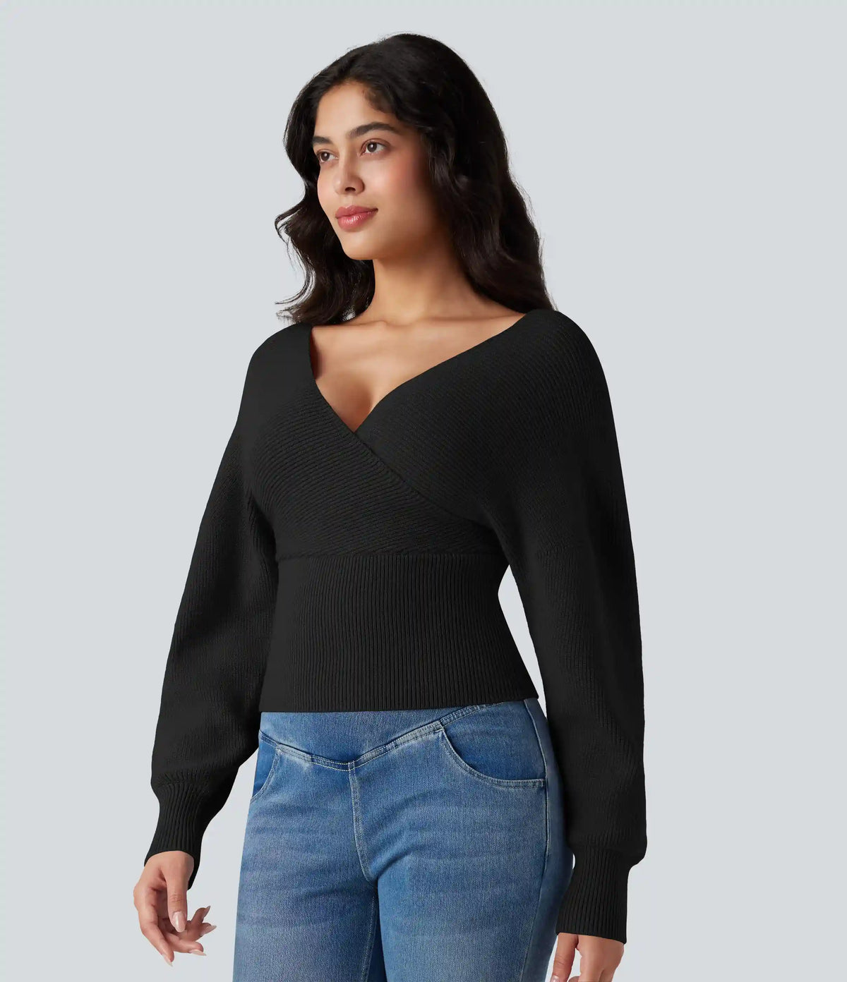 V-neck Batwing Long Sleeve Cut-out Casual Sweater