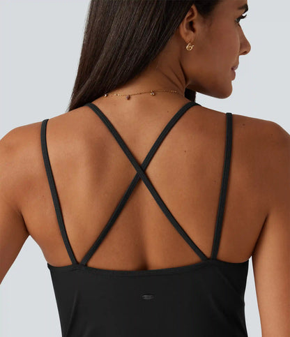 U Neck Sleeveless Crossover Built-in Bra Wide Leg Casual Jumpsuit with Pockets--Easy Peezy