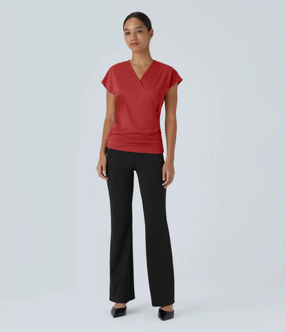 V Neck Cap Sleeve Crossover Ruched Solid Work Blouse